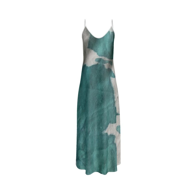 Teal & White luxury long silk slip dress