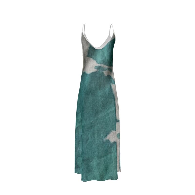 Teal & White luxury long silk slip dress