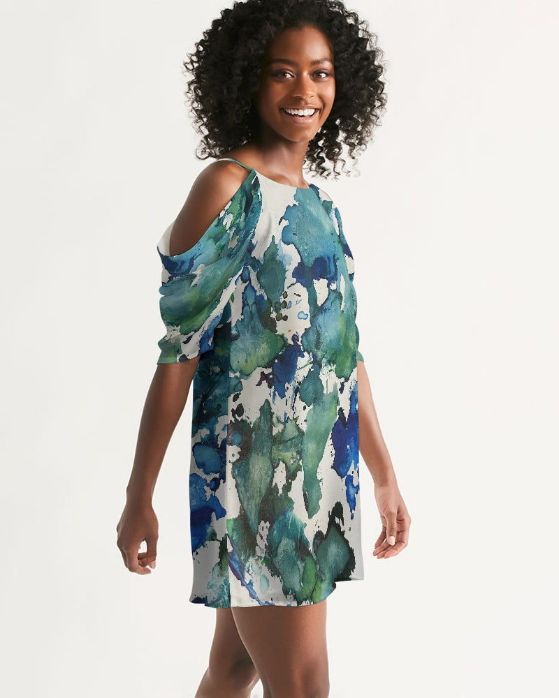Blue Lagoon Open Shoulder A-Line Dress Multicolor / L Blue Lagoon Open Shoulder A-Line Dress Multicolor / L