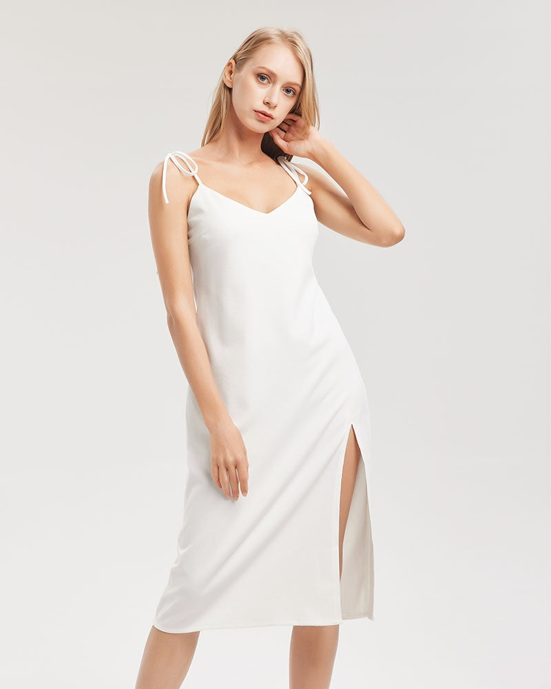 tie strap white midi dress White Tie Strap Split Dress White / S