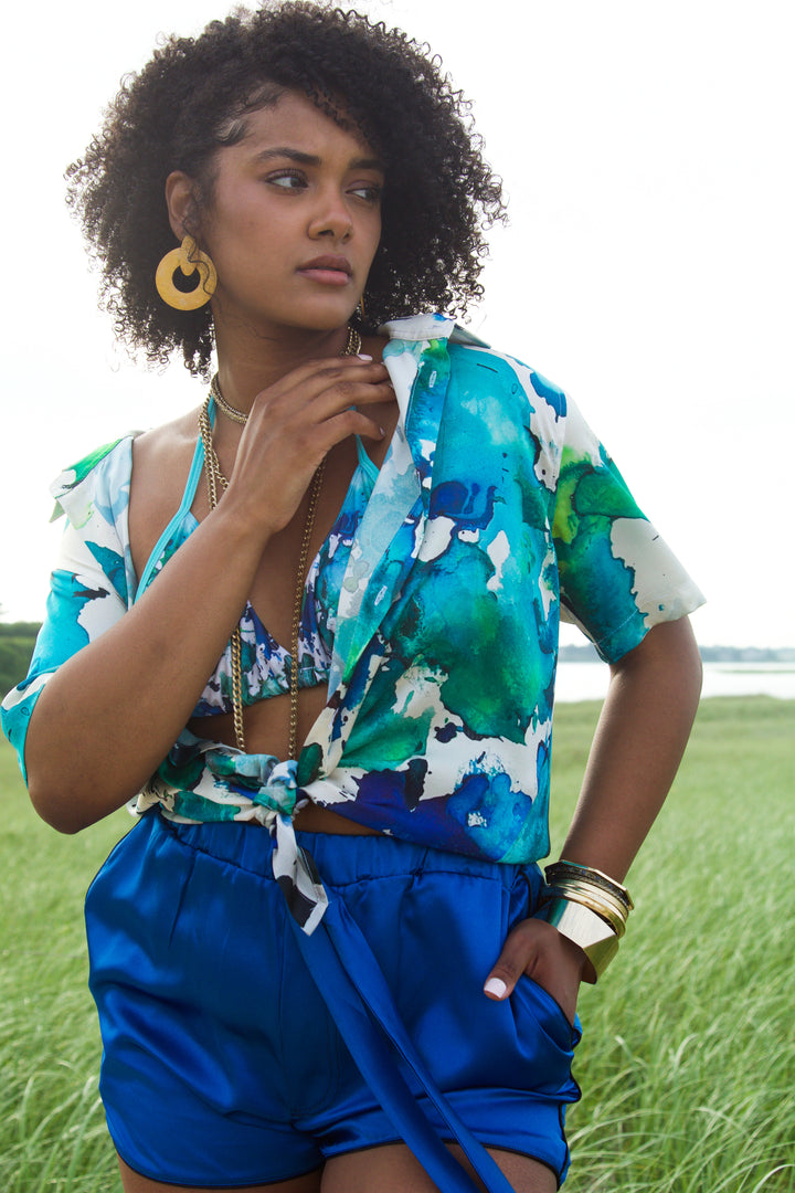 Summer Soiree Silk Shirt in Blue Lagoon Print