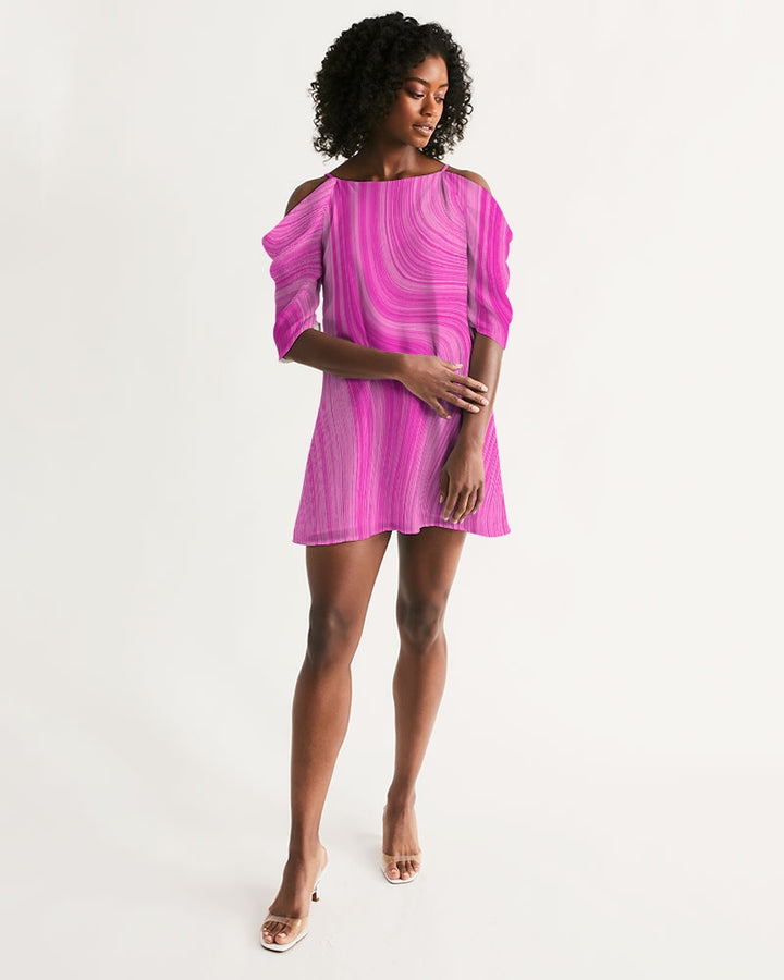 Pink Waves Women's Open Shoulder A-Line Dress
